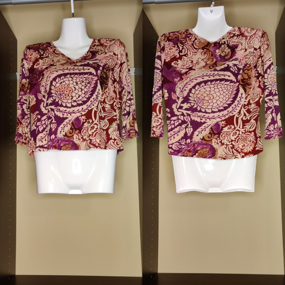 Forbidden Paisley Floral Print Sequins Top Plum Burgundy Pink Women's Size S